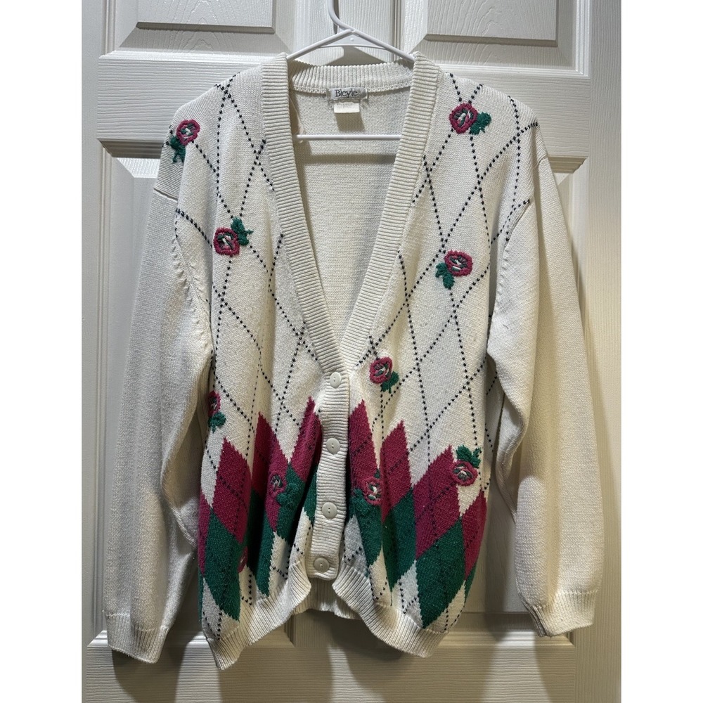 VTG Bleyle 100% Merino Wool Knit Cardigan Sweater Spring Floral‎ Cream White M/L